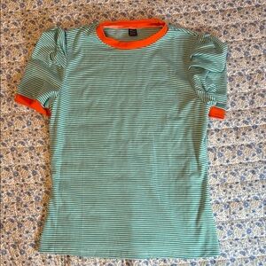 SHEIN Kids Green and Orange Striped Tee